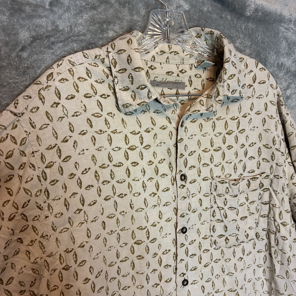Vtg Fieldmaster Mens Linen Blend Camp Shirt L All Over Geo Print Contrast Border